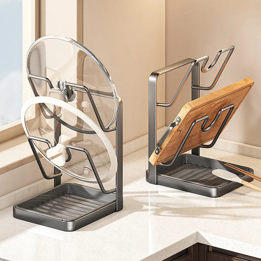 Kitchen Pot Lid Rack No Drill Pot Lid Organizer Kitchen Space Saving Countertop Organizer Rack with Drainage Tray Easy to Clean