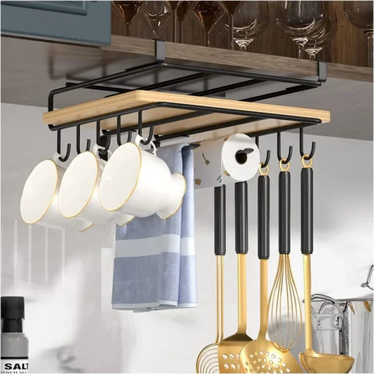 Kitchen Under Cupboard Hanging Organizer Rack with Hook Paper Towel Rags Hanger Cutting Board Pot Cover Holder Storage Shelf