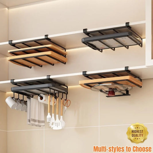 Kitchen Under Cupboard Hanging Organizer Rack with Hook Paper Towel Rags Hanger Cutting Board Pot Cover Holder Storage Shelf